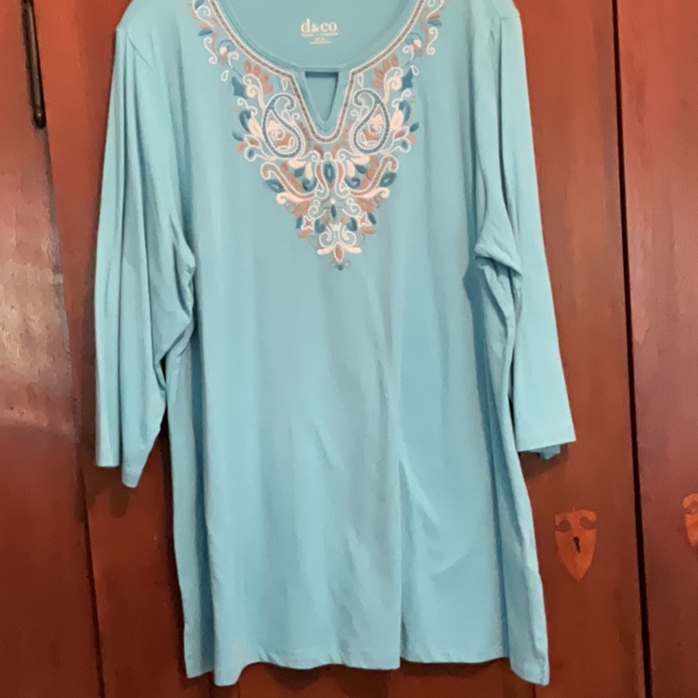 Embellished Green and Blue 3/4 Sleeve Tunic Denim and Co